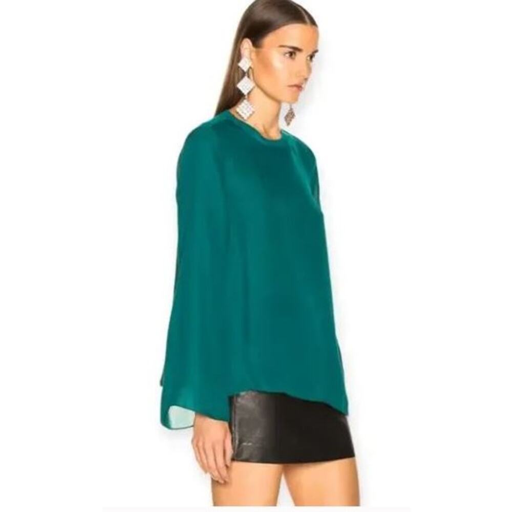 Cinq A Sept Henri Silk Semi Sheer Top blouse Gulf Blue Green Diagonal Hem